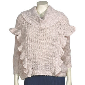 Express Sz S Chunky Knit Pullover Sweater Cowl Neck Ruffles on Front Light Pink